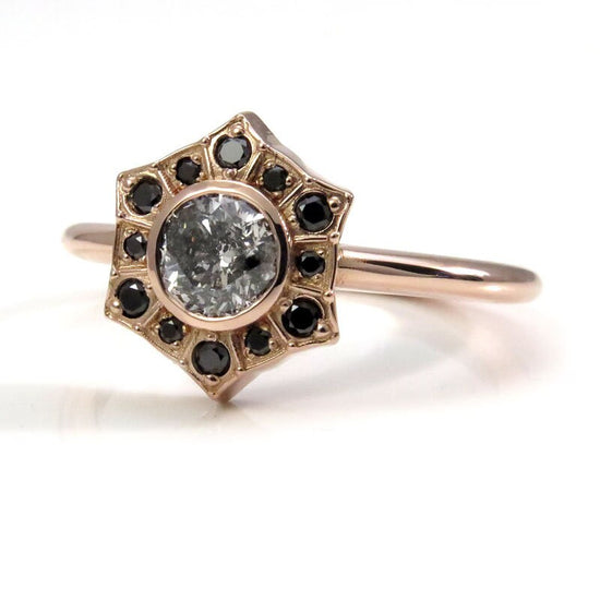 Ready to Ship Size 6 - 8 - Salt & Pepper Diamond Art Deco Halo Engagement Ring with Black Diamond Halo - 14k Rose Gold