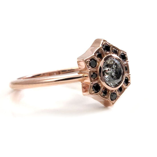 Ready to Ship Size 6 - 8 - Salt & Pepper Diamond Art Deco Halo Engagement Ring with Black Diamond Halo - 14k Rose Gold