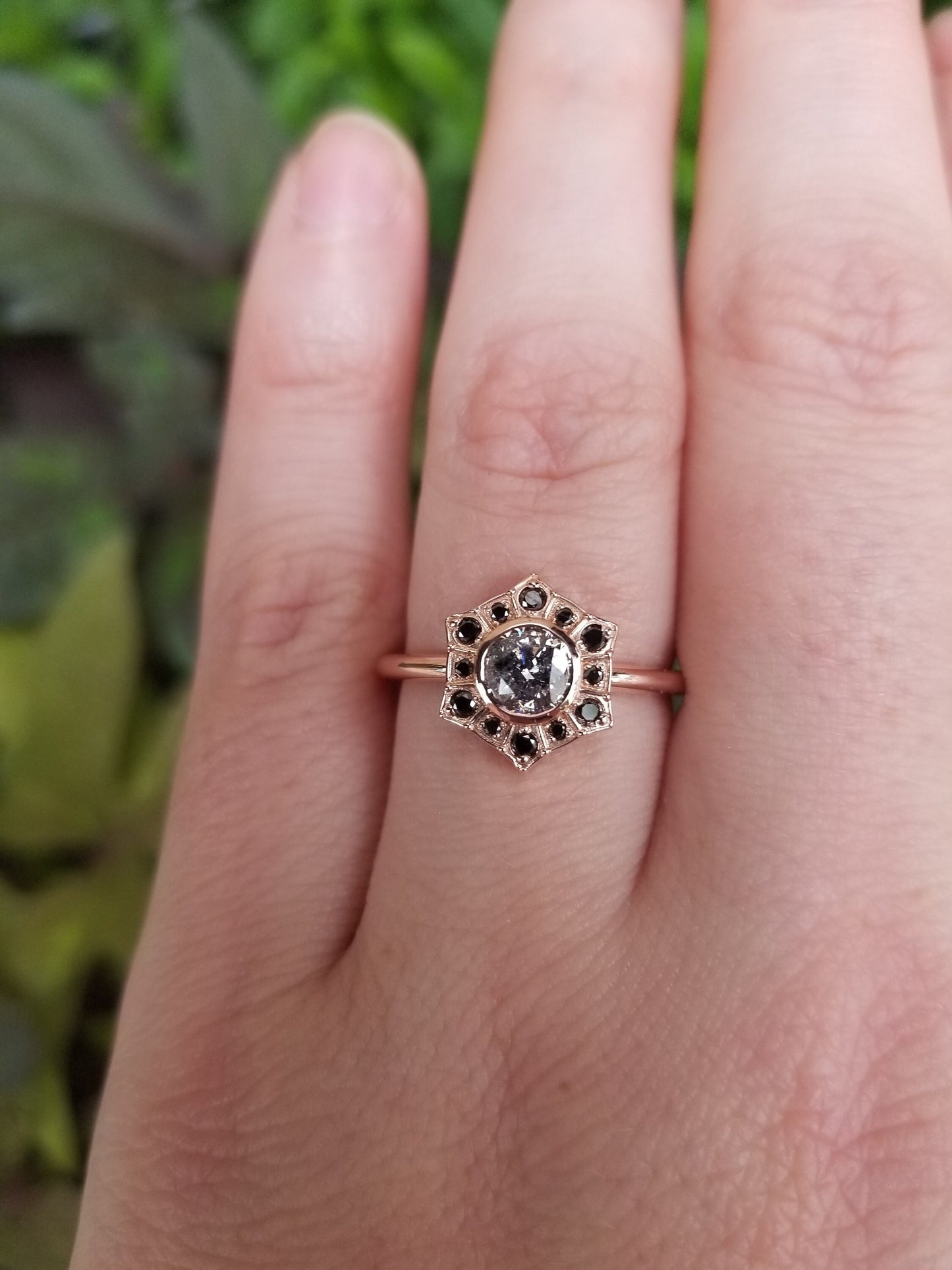 Ready to Ship Size 6 - 8 - Salt & Pepper Diamond Art Deco Halo Engagement Ring with Black Diamond Halo - 14k Rose Gold