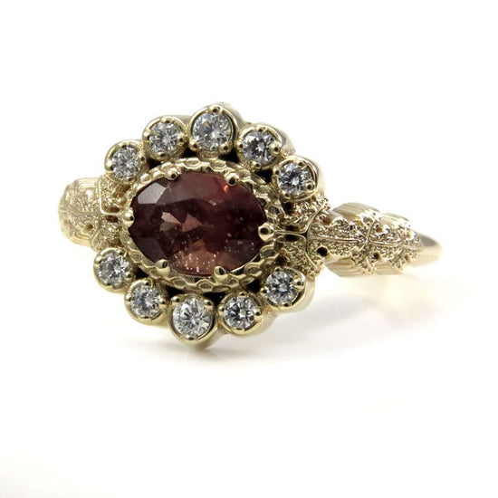 Ready to Ship Size 6 - 8 - POISON PLANT - Oregon Sunstone Oval & Diamond Halo Ring with Poison Leaves