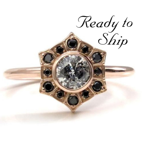 Ready to Ship Size 6 - 8 - Salt & Pepper Diamond Art Deco Halo Engagement Ring with Black Diamond Halo - 14k Rose Gold