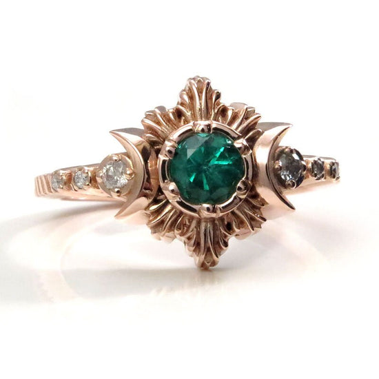 Ready to Ship Size 6 - 8 - Natural Emerald and Galaxy Diamond Moonfire Engagement Ring Set - 14k Rose Gold Ceremonial Jewelry