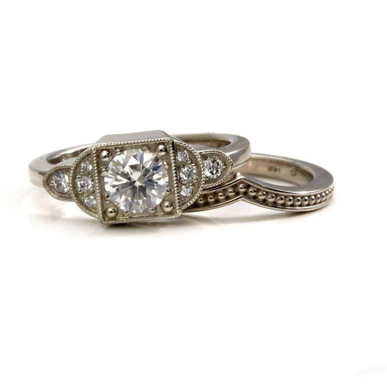 Ready to Ship Size 6 - 8 - Art Deco Moissanite and Diamond Engagement Ring - 14k Palladium White Gold Diamond Wedding Ring Set