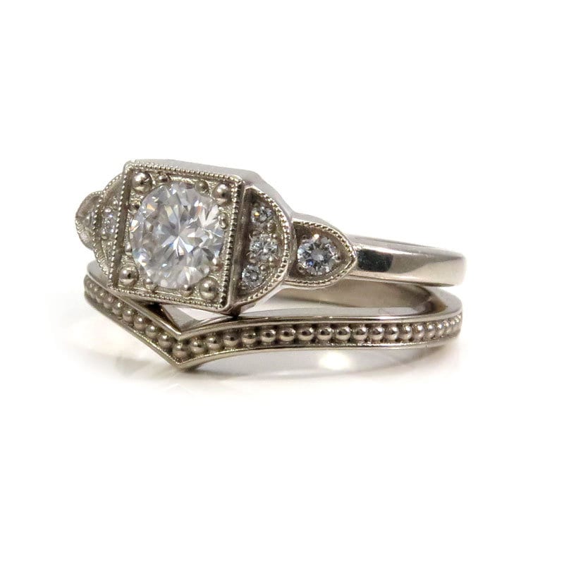 Ready to Ship Size 6 - 8 - Art Deco Moissanite and Diamond Engagement Ring - 14k Palladium White Gold Diamond Wedding Ring Set