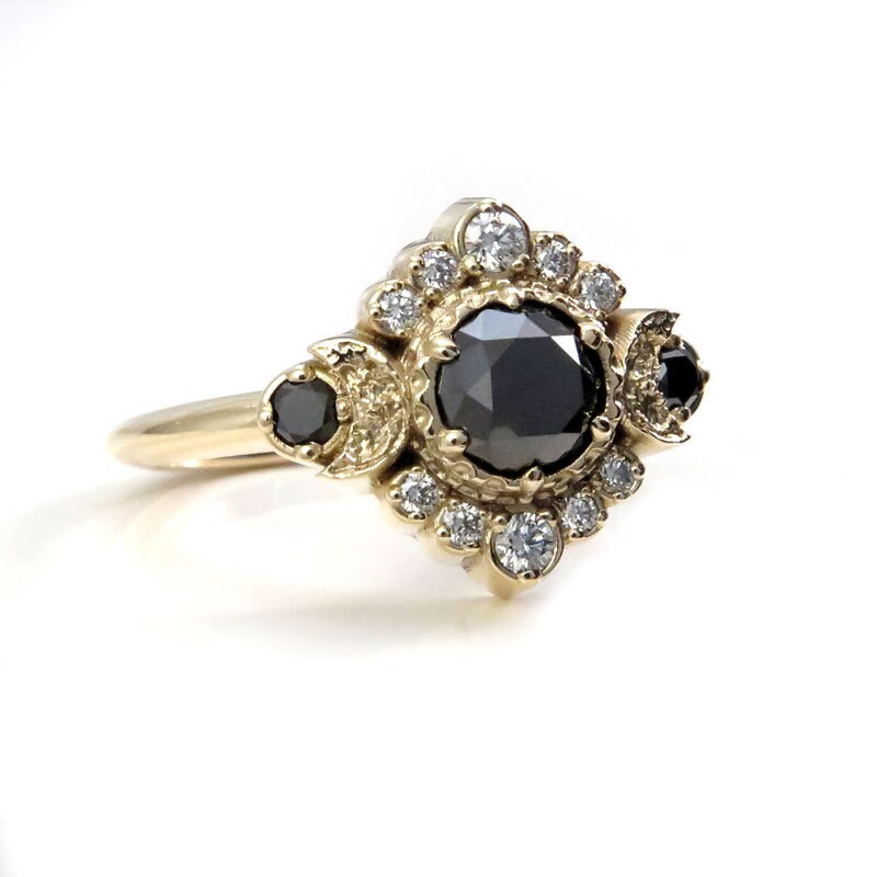 Ready to Ship Size 6 - 8 - Black and White Diamond Engagement Ring - Triple Moon Goddess Boho Wedding - 14k Yellow Gold