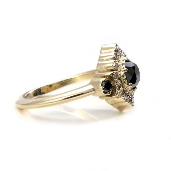 Ready to Ship Size 6 - 8 - Black and White Diamond Engagement Ring - Triple Moon Goddess Boho Wedding - 14k Yellow Gold