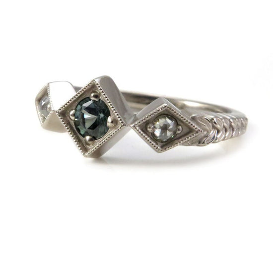 Ready to Ship Size 6 - 8 - Tanzanian Sapphire & Rose Cut Diamond Art Deco Engagement Ring with Sage Leaf Band - 14k Palladium White Gold