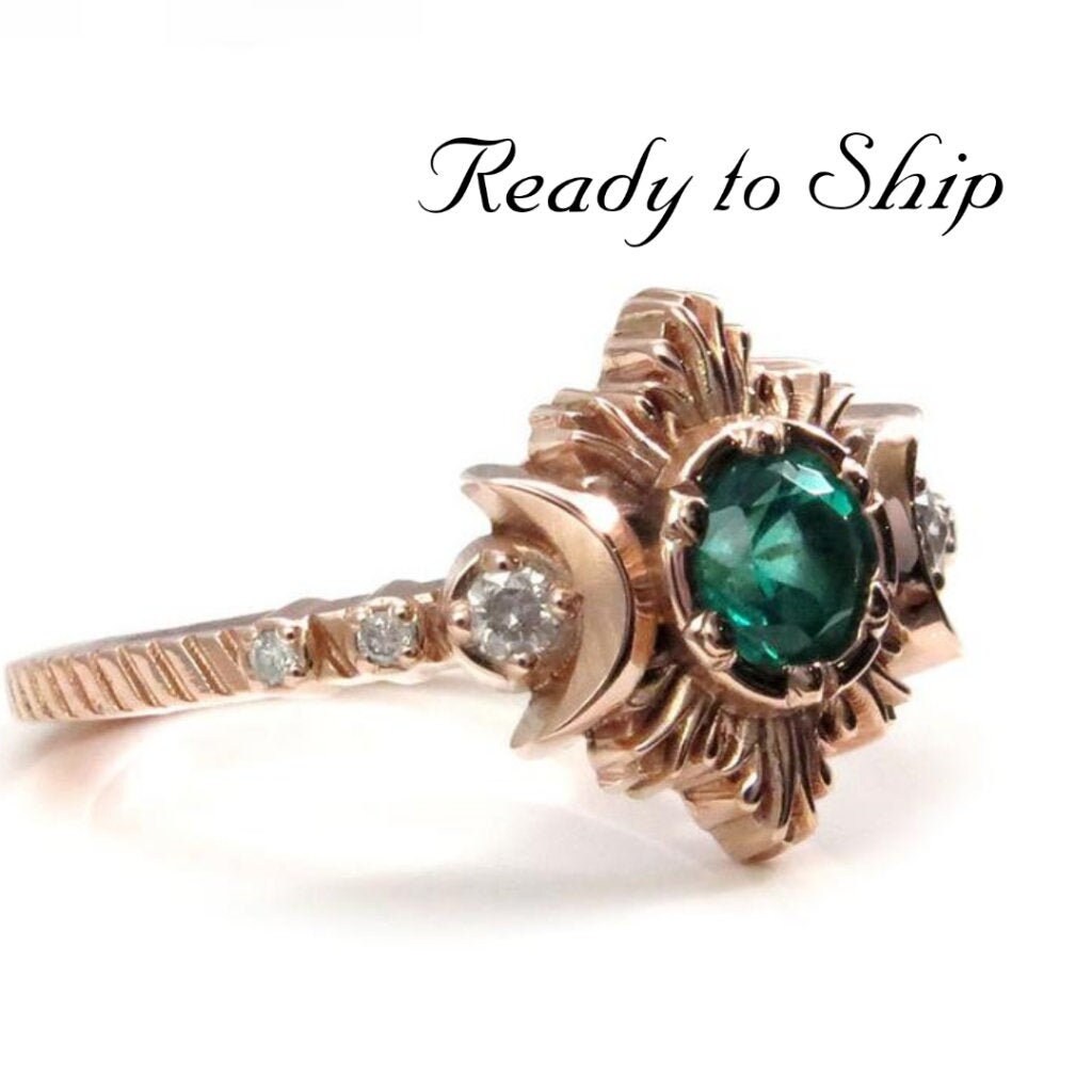 Ready to Ship Size 6 - 8 - Natural Emerald and Galaxy Diamond Moonfire Engagement Ring Set - 14k Rose Gold Ceremonial Jewelry