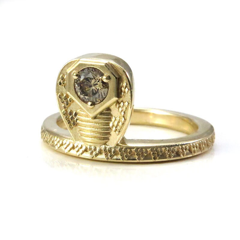 Ready to Ship - GORGON Locks - Snake Ring with Natural Champagne Diamond Head - 14k Yellow Gold Size 6 - 8