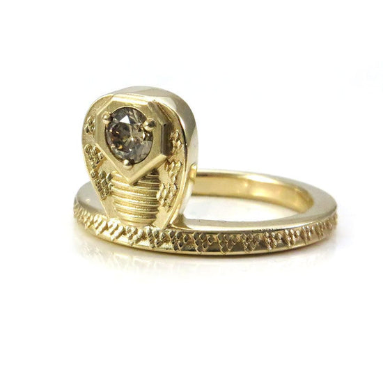 Ready to Ship - GORGON Locks - Snake Ring with Natural Champagne Diamond Head - 14k Yellow Gold Size 6 - 8