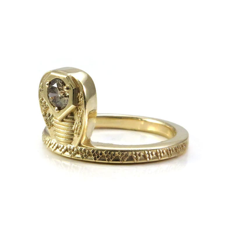 Ready to Ship - GORGON Locks - Snake Ring with Natural Champagne Diamond Head - 14k Yellow Gold Size 6 - 8