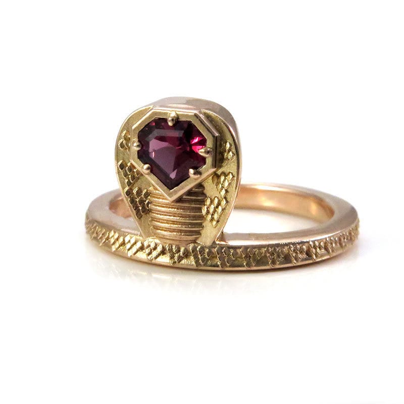 Ready to Ship - GORGON Locks - Snake Ring with Mahenge Garnet Snake Head - 14k Rose Gold - Size 6 - 8