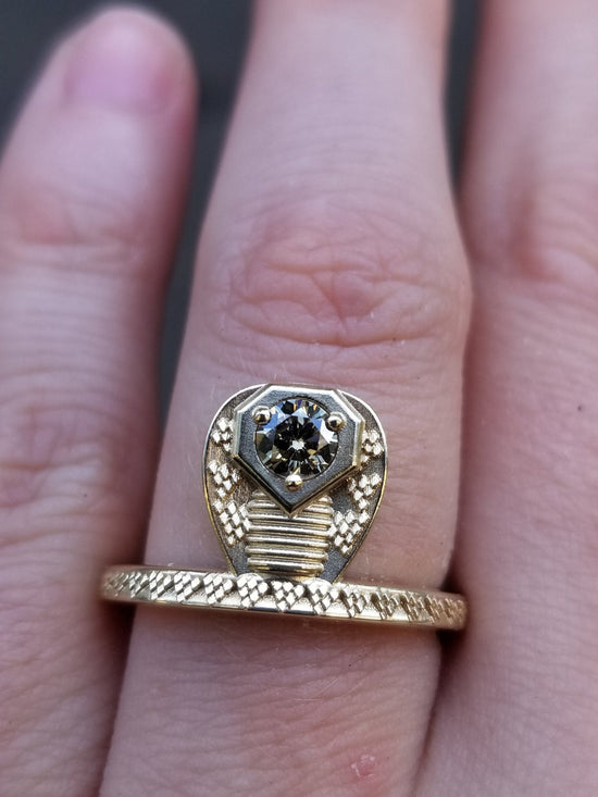 Ready to Ship - GORGON Locks - Snake Ring with Natural Champagne Diamond Head - 14k Yellow Gold Size 6 - 8