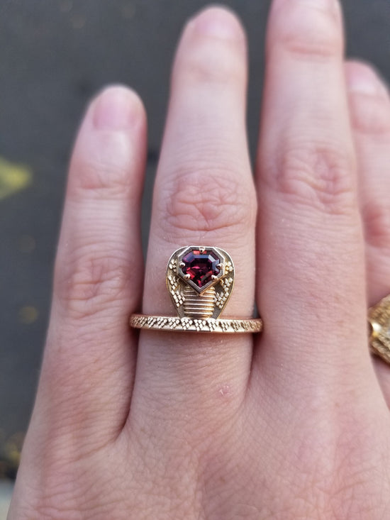 Ready to Ship - GORGON Locks - Snake Ring with Mahenge Garnet Snake Head - 14k Rose Gold - Size 6 - 8