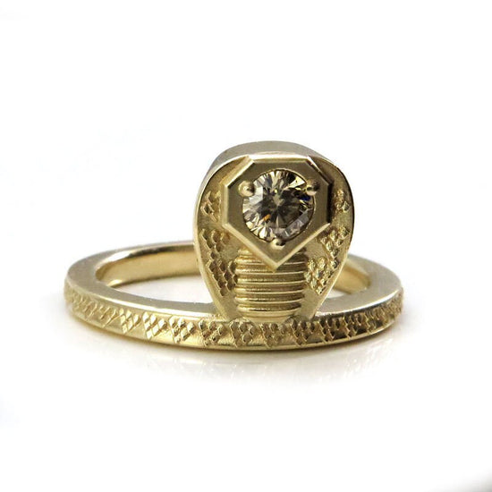 Ready to Ship - GORGON Locks - Snake Ring with Natural Champagne Diamond Head - 14k Yellow Gold Size 6 - 8