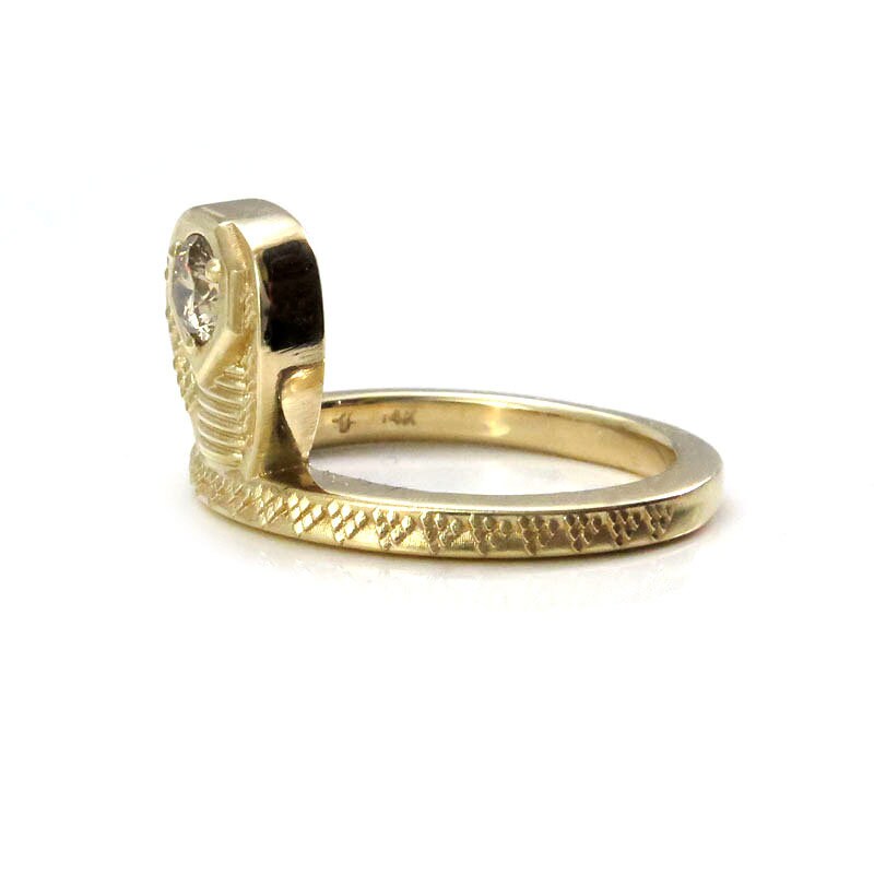 Ready to Ship - GORGON Locks - Snake Ring with Natural Champagne Diamond Head - 14k Yellow Gold Size 6 - 8