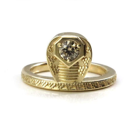 Ready to Ship - GORGON Locks - Snake Ring with Natural Champagne Diamond Head - 14k Yellow Gold Size 6 - 8