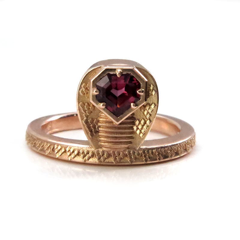 Ready to Ship - GORGON Locks - Snake Ring with Mahenge Garnet Snake Head - 14k Rose Gold - Size 6 - 8