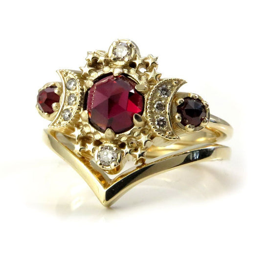 Ready to Ship Size 6 - 8 Rose Cut Red Garnet Cosmos Engagement Ring Set with Honey Champagne Diamonds - 14k Yellow Gold