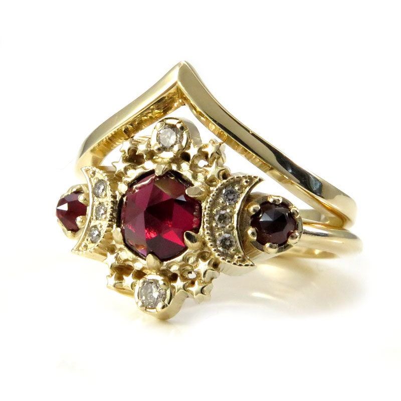 Ready to Ship Size 6 - 8 Rose Cut Red Garnet Cosmos Engagement Ring Set with Honey Champagne Diamonds - 14k Yellow Gold