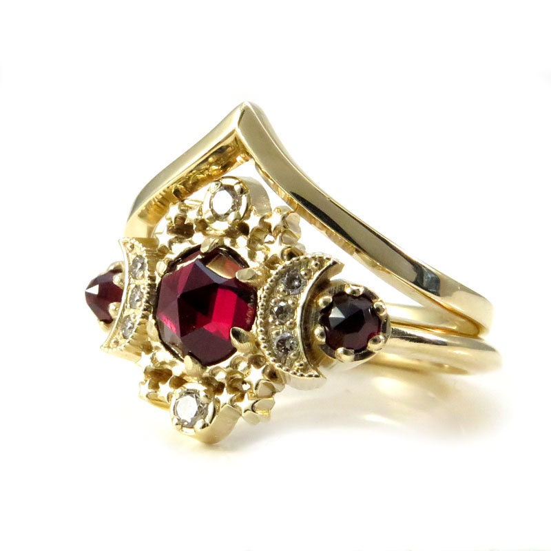 Ready to Ship Size 6 - 8 Rose Cut Red Garnet Cosmos Engagement Ring Set with Honey Champagne Diamonds - 14k Yellow Gold