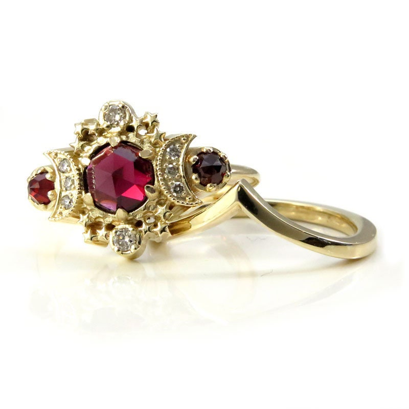 Ready to Ship Size 6 - 8 Rose Cut Red Garnet Cosmos Engagement Ring Set with Honey Champagne Diamonds - 14k Yellow Gold