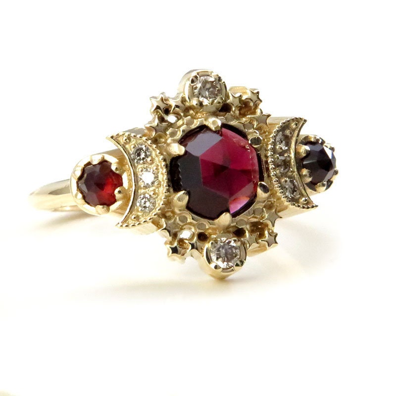 Ready to Ship Size 6 - 8 Rose Cut Red Garnet Cosmos Engagement Ring Set with Honey Champagne Diamonds - 14k Yellow Gold