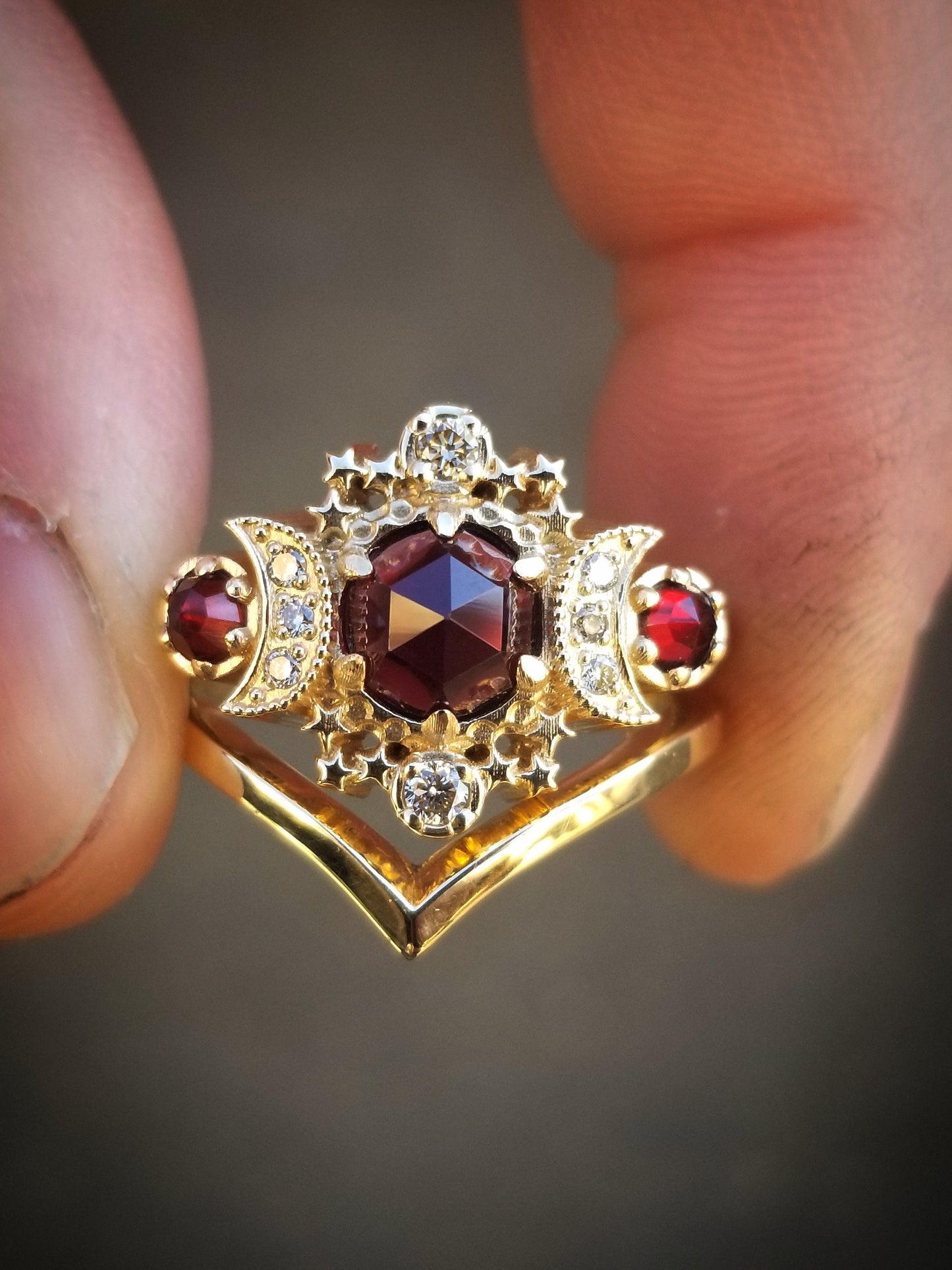 Ready to Ship Size 6 - 8 Rose Cut Red Garnet Cosmos Engagement Ring Set with Honey Champagne Diamonds - 14k Yellow Gold