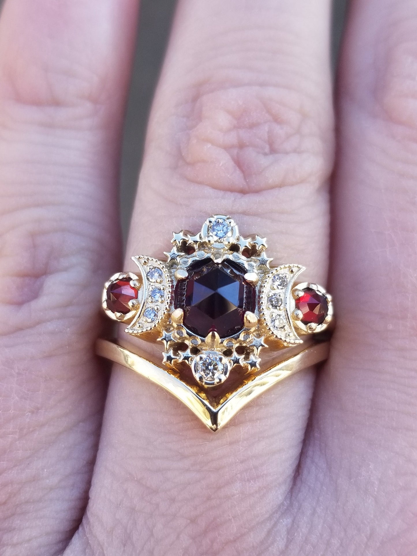 Ready to Ship Size 6 - 8 Rose Cut Red Garnet Cosmos Engagement Ring Set with Honey Champagne Diamonds - 14k Yellow Gold