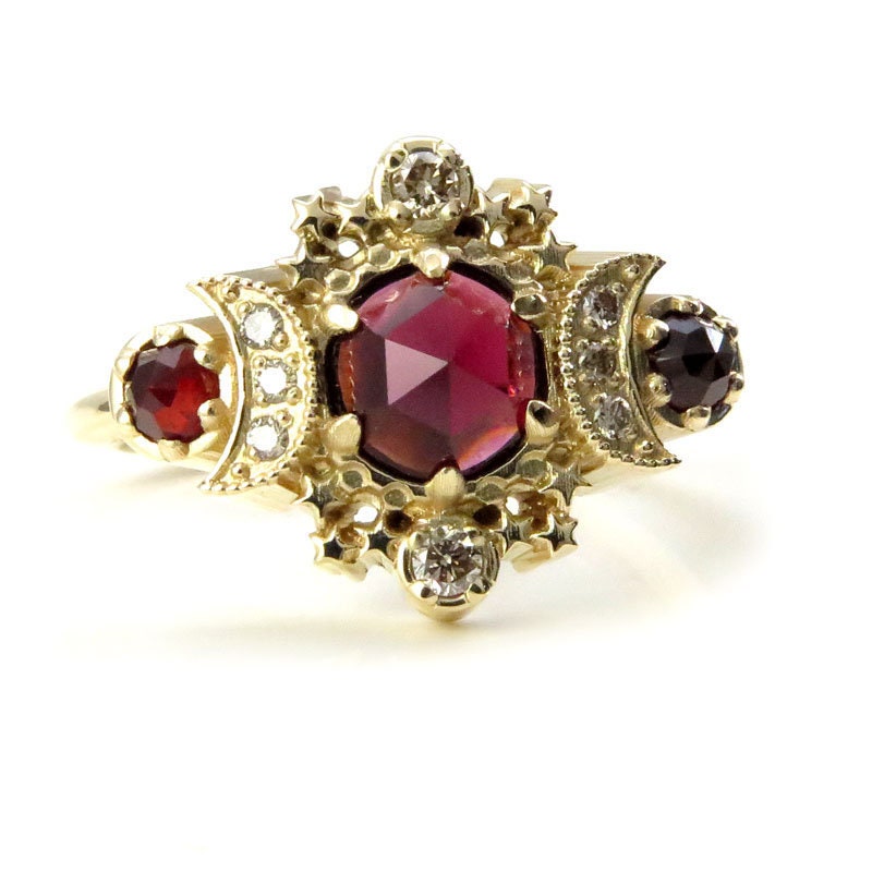 Ready to Ship Size 6 - 8 Rose Cut Red Garnet Cosmos Engagement Ring Set with Honey Champagne Diamonds - 14k Yellow Gold