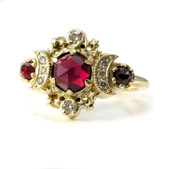 Ready to Ship Size 6 - 8 Rose Cut Red Garnet Cosmos Engagement Ring Set with Honey Champagne Diamonds - 14k Yellow Gold