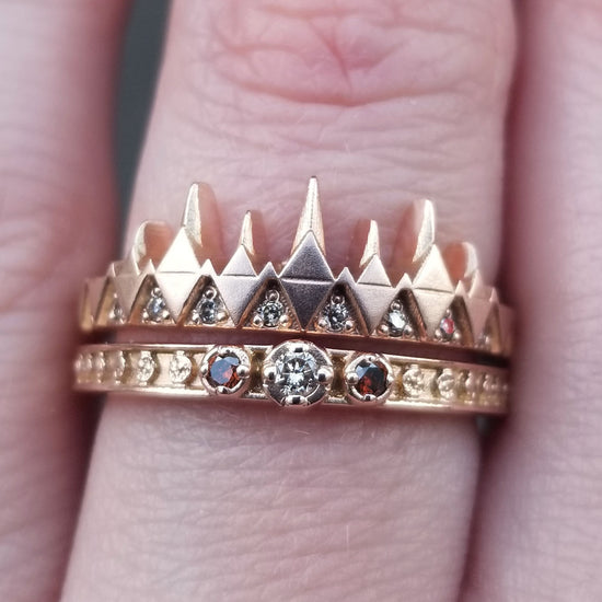 Ready to Ship Size 6-8 Rose Gold Engagement Ring Set - Champagne Diamond Moon Phase Band and Ravenna Crown Ring - Gothic Engagement