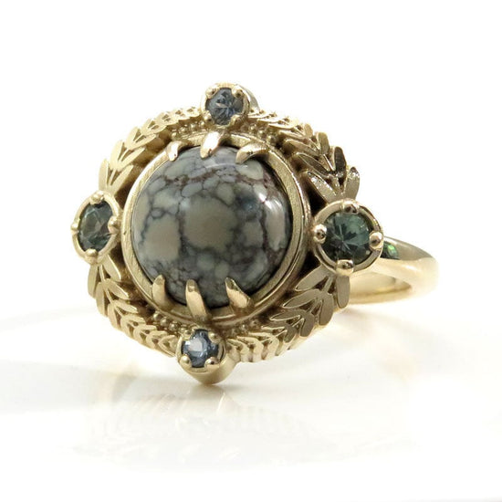 Ready to Ship Size 6 - 8 - Variscite Leaf Ring with Montana Sapphires - 14k Yellow Gold