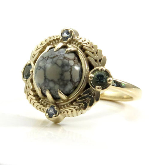 Ready to Ship Size 6 - 8 - Variscite Leaf Ring with Montana Sapphires - 14k Yellow Gold