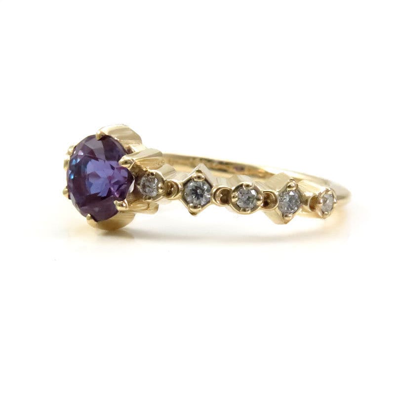 Ready to Ship Size 6-8 Mini Moon Chatham Alexandrite Diamond Engagement Ring - Crescents and White Diamonds - Modern Bridal