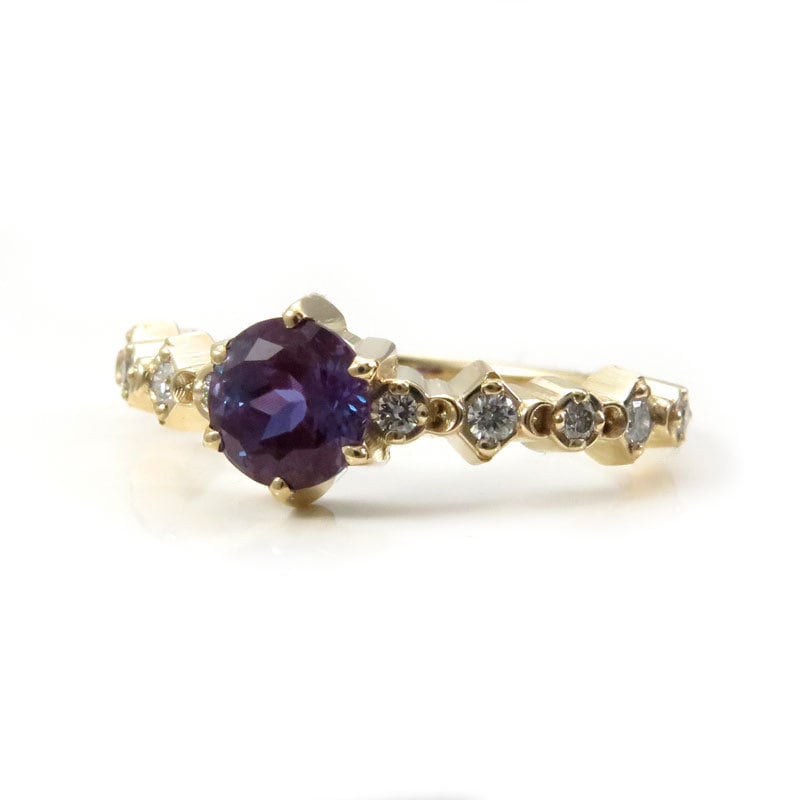 Ready to Ship Size 6-8 Mini Moon Chatham Alexandrite Diamond Engagement Ring - Crescents and White Diamonds - Modern Bridal