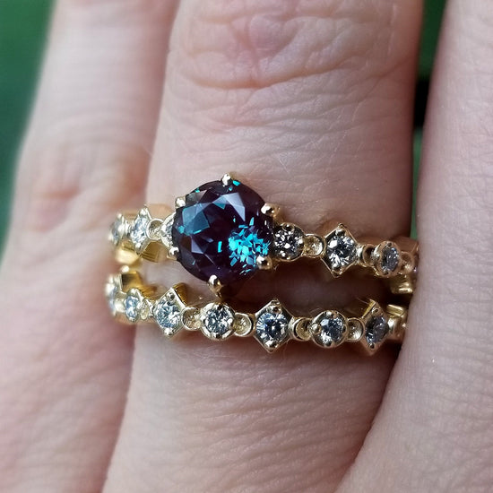 Ready to Ship Size 6-8 Mini Moon Chatham Alexandrite Diamond Engagement Ring - Crescents and White Diamonds - Modern Bridal