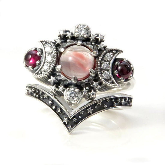 Ready to Ship Size 4 - 6 - Oregon Sunstone & Rhodolite Garnet Cosmos Ring with Diamonds and Stardust Chevron - Sterling Silver