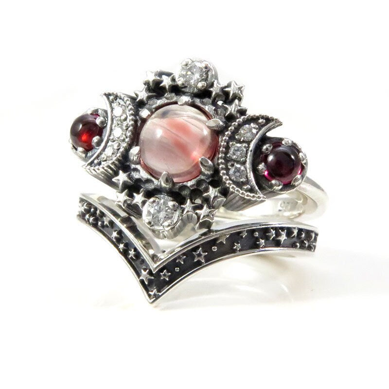 Ready to Ship Size 4 - 6 - Oregon Sunstone & Rhodolite Garnet Cosmos Ring with Diamonds and Stardust Chevron - Sterling Silver