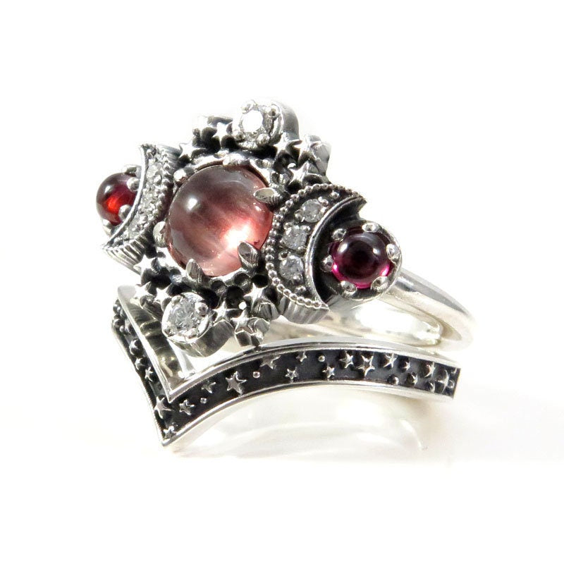 Ready to Ship Size 4 - 6 - Oregon Sunstone & Rhodolite Garnet Cosmos Ring with Diamonds and Stardust Chevron - Sterling Silver