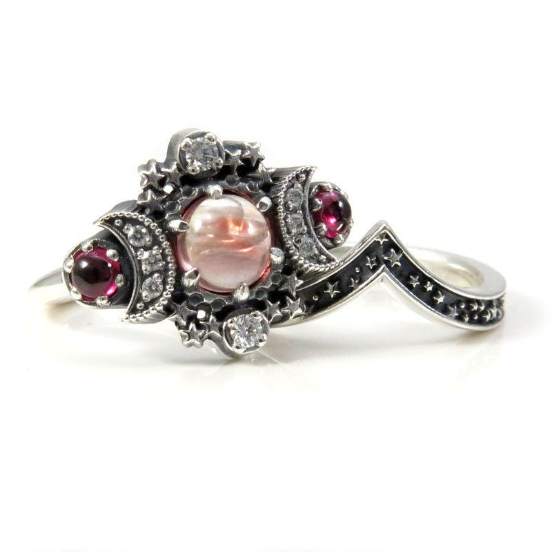 Ready to Ship Size 4 - 6 - Oregon Sunstone & Rhodolite Garnet Cosmos Ring with Diamonds and Stardust Chevron - Sterling Silver