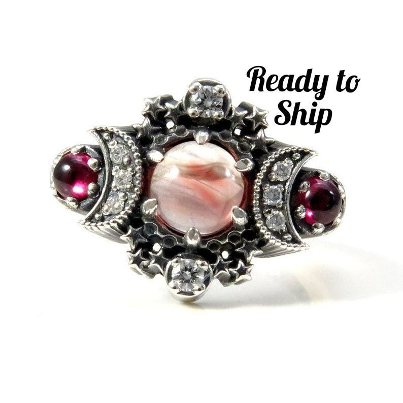 Ready to Ship Size 4 - 6 - Oregon Sunstone & Rhodolite Garnet Cosmos Ring with Diamonds and Stardust Chevron - Sterling Silver