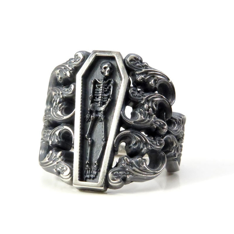 Ready to Ship Size 6 - 8 - Memento Mori Ring with Baroque Silver Scrolls Skeleton Mourning Jewelry - Spooky Halloween Jewelry