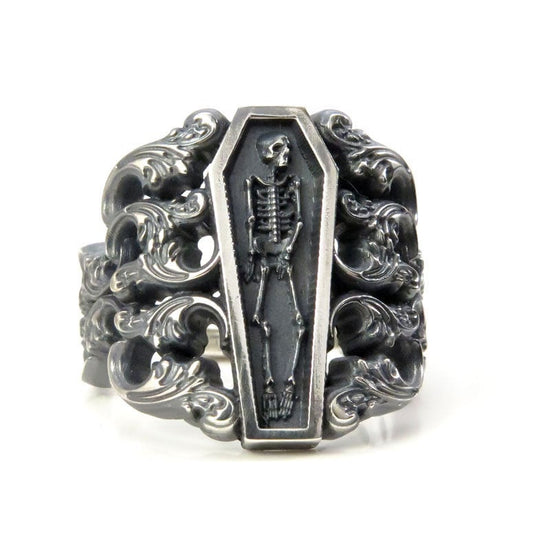 Ready to Ship Size 6 - 8 - Memento Mori Ring with Baroque Silver Scrolls Skeleton Mourning Jewelry - Spooky Halloween Jewelry