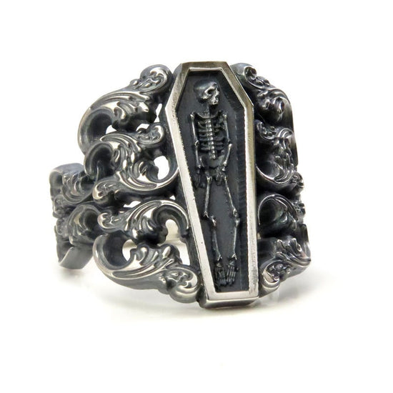 Ready to Ship Size 6 - 8 - Memento Mori Ring with Baroque Silver Scrolls Skeleton Mourning Jewelry - Spooky Halloween Jewelry