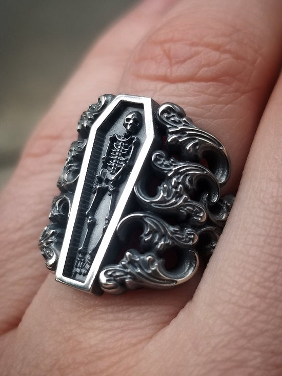 Ready to Ship Size 6 - 8 - Memento Mori Ring with Baroque Silver Scrolls Skeleton Mourning Jewelry - Spooky Halloween Jewelry