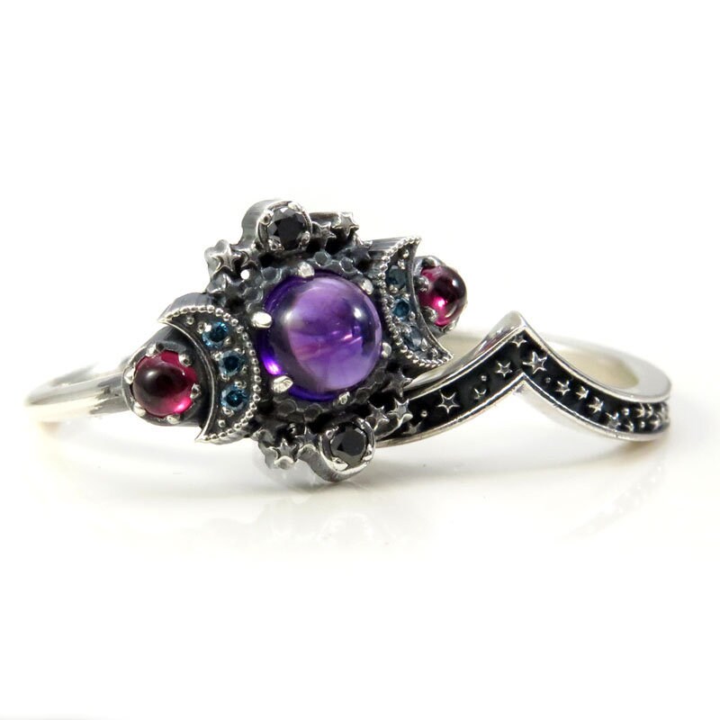 Nebula Cosmos Moon and Star Ring Set - Amethyst with Blue Diamond Moons and Rhodolite Garnets - Sterling Silver