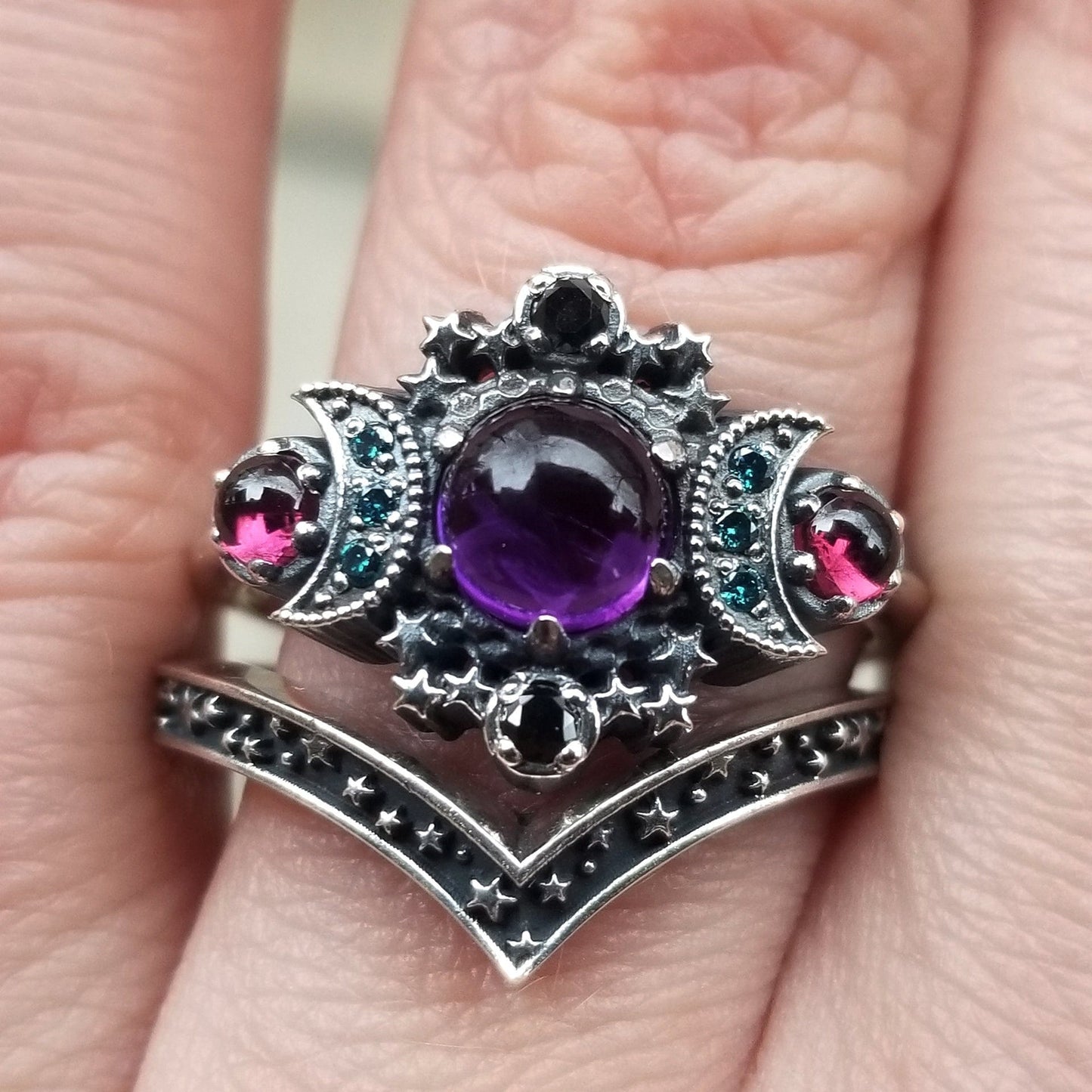 Nebula Cosmos Moon and Star Ring Set - Amethyst with Blue Diamond Moons and Rhodolite Garnets - Sterling Silver