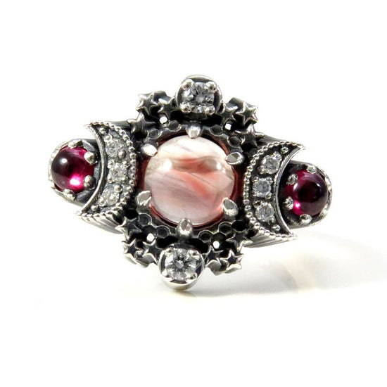 Ready to Ship Size 4 - 6 - Oregon Sunstone & Rhodolite Garnet Cosmos Ring with Diamonds and Stardust Chevron - Sterling Silver