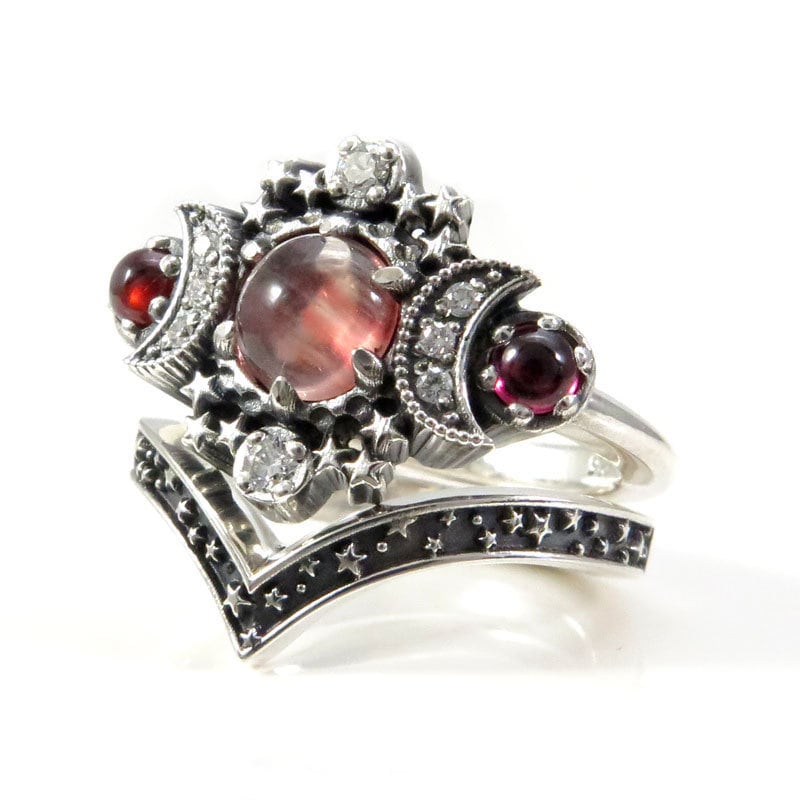 Ready to Ship Size 4 - 6 - Oregon Sunstone & Rhodolite Garnet Cosmos Ring with Diamonds and Stardust Chevron - Sterling Silver